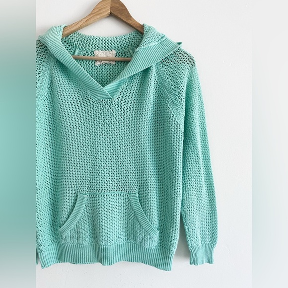 Turquoise Open-Knit Crochet Hoodie by Shirt 469, Size Medium, Linen Cotton Blend - Picture 3 of 11
